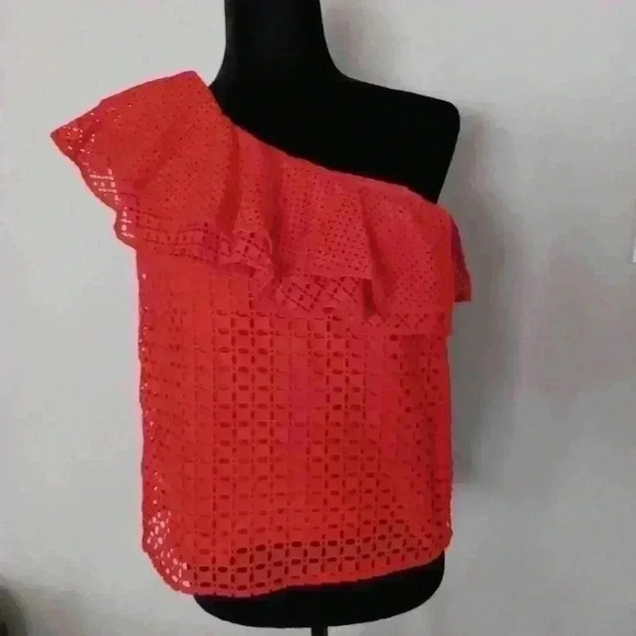 J Crew Women's Red Orange One Shoulder Ruffled Eyelit Top 2 - Picture 2 of 13